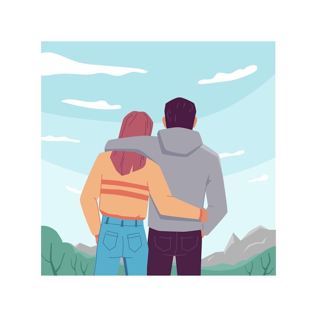 Hugging couple sky landscape background back view