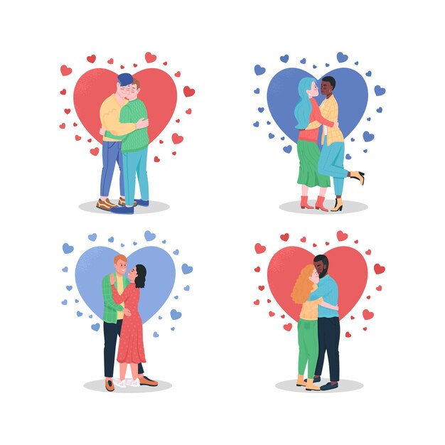 Vector hugging couples in love flat color detailed character set illustration isolated