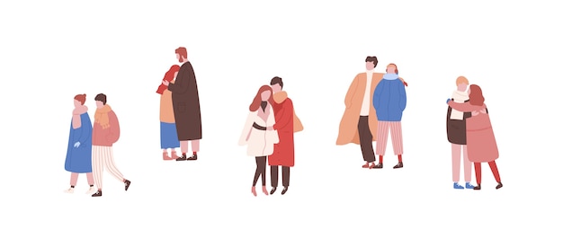 Hugging couples in warm clothes flat illustrations set.