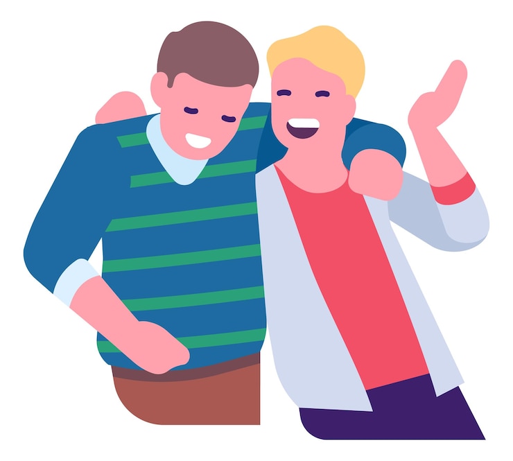 Vector hugging friends laughing guys together color icon