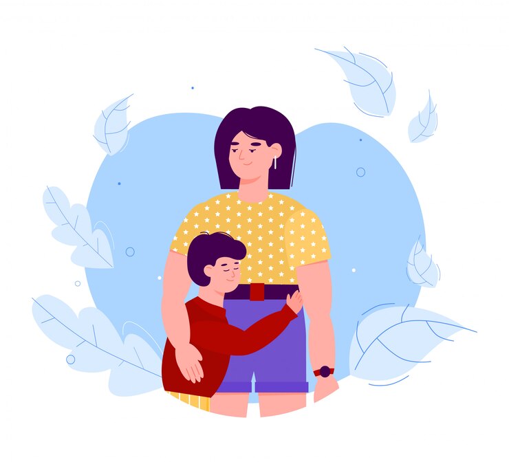 Vector hugging mother and son cartoon characters flat illustration isolated.