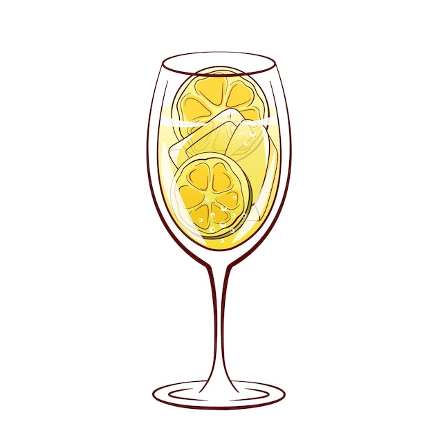 Vector hugo spritz cocktail with lime slice and ice cubes in line art cartoon style summer italian