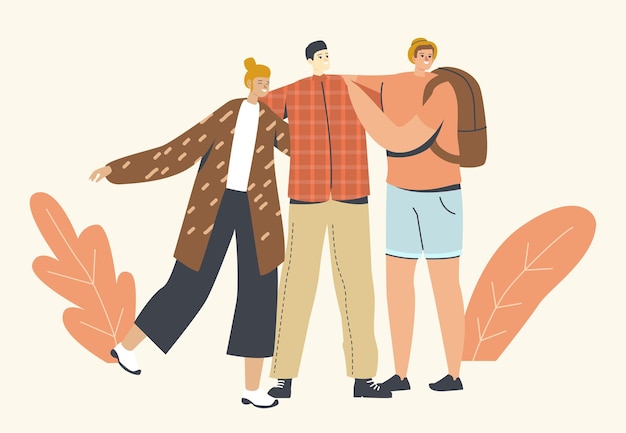 Hugs, Embrace with Friends Concept. Diverse Multiracial Male and Female Characters Stand in Row Hugging Each Other