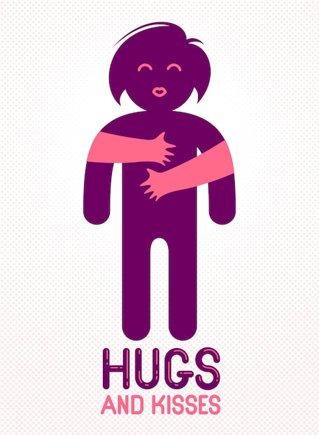 Hugs and kisses with loving hands of beloved person and kissing lips, lover woman hugging her mate and shares love, vector icon logo or illustration in simplistic symbolic style.