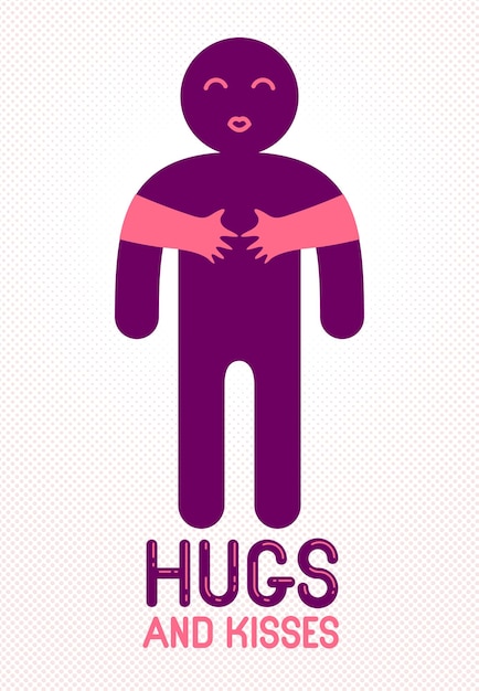 Hugs and kisses with loving hands of beloved person and kissing lips, lover woman hugging his man and shares love, vector icon logo or illustration in simplistic symbolic style.