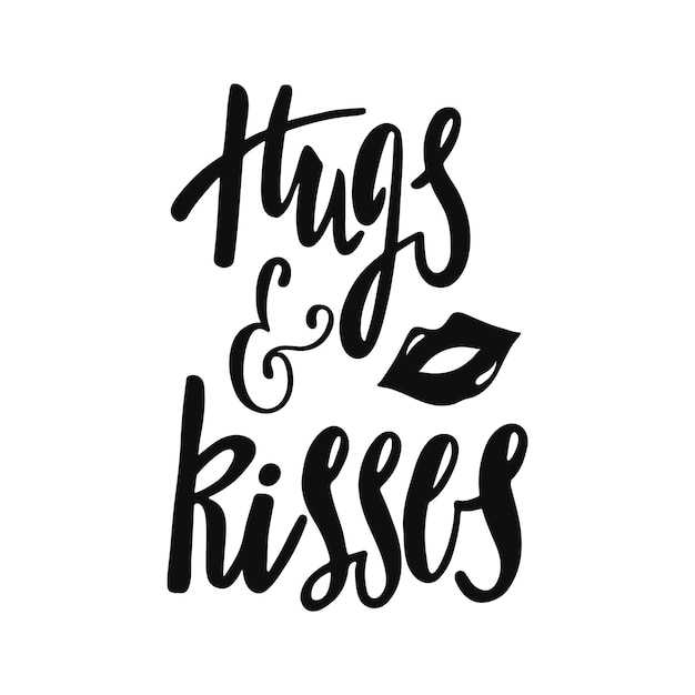 Vector hugs and kissesvalentines day handwritten vector lettering design calligraphic phrase with lips