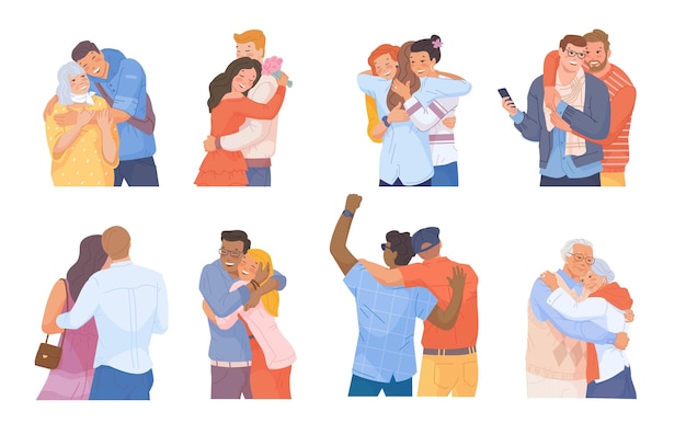 Hugs old friends best friend hugging group people couple\
feeling love cuddling brother friendship affection family embrace\
senior positive emotion set swanky vector