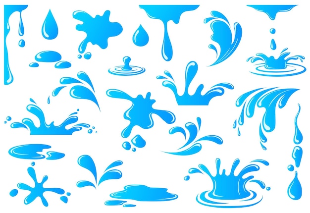 Vector huidige druppels cartoon water splash druppel druppelen regen druppel vloeistof traan morsen vocht vallende regendruppel op het oppervlak natuur zee spray set netjes vector iconen