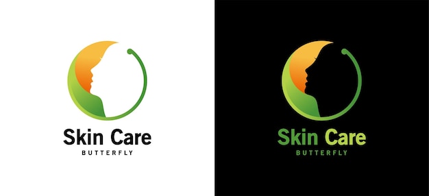 Huidverzorging logo-ontwerp met mooi vrouwelijk gezicht in vlindervleugels vrouwelijk schoonheidslogo