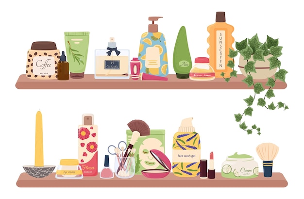 Huidverzorgingsproducten make-up en cosmetische flessen op badkamerplanken Shampoo gezichtscrème haar en lichaamsverzorging schoonheidsproduct op plank vector set make-up en cosmetica voor schoonheid huidverzorging illustratie