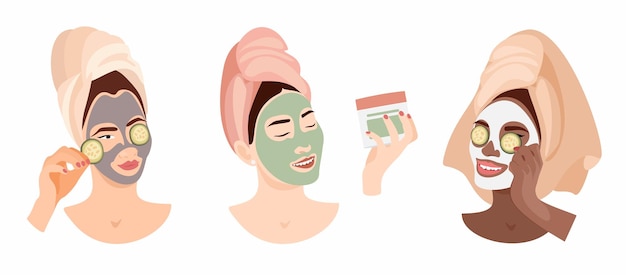 Vector huidverzorgingsroutine jonge vrouwen met een spa-masker op haar gezicht en met komkommers op de ogen