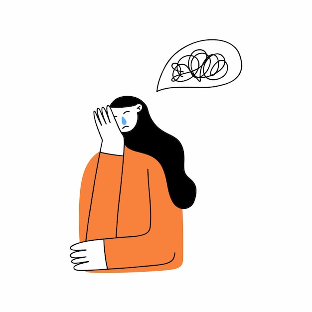 Huilende vrouw ongelukkige mensen in depressie meisje stemming triest negatieve emotie psychologie help concept puinhoop geest geestelijke gezondheid vector cartoon vlakke stijl geïsoleerde illustratie