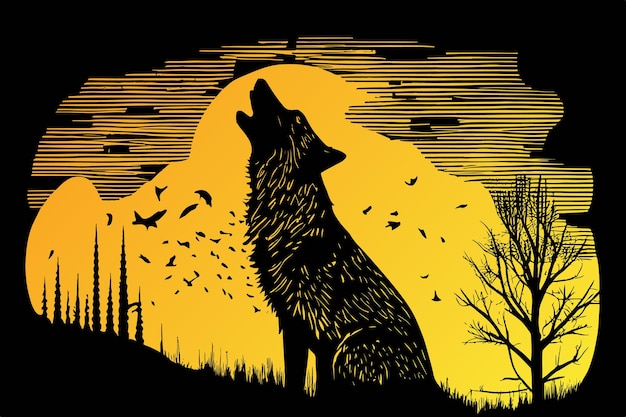 Vector huilende wolf illustratie toont typisch een wolf met zijn hoofd omhoog gekanteld naar de maan