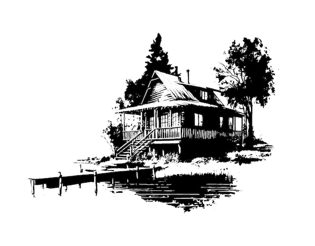 Vector huis aan het meer vissershuis in zwart-witstijl vakantie met het gezin plattelandsleven vissen