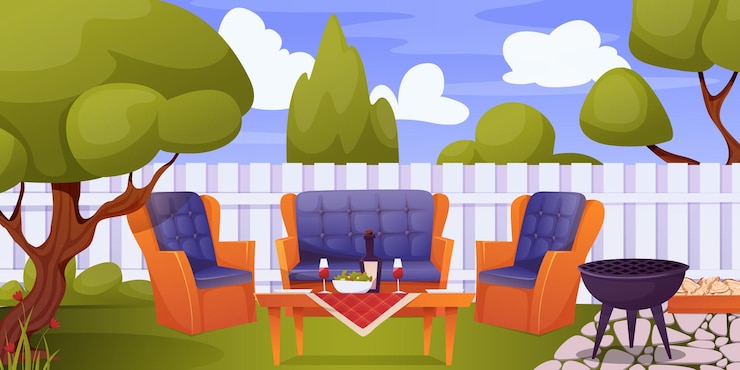 Vector huis achtertuin met bomen en meubels cartoon buiten en landschap bomen en struiken vector