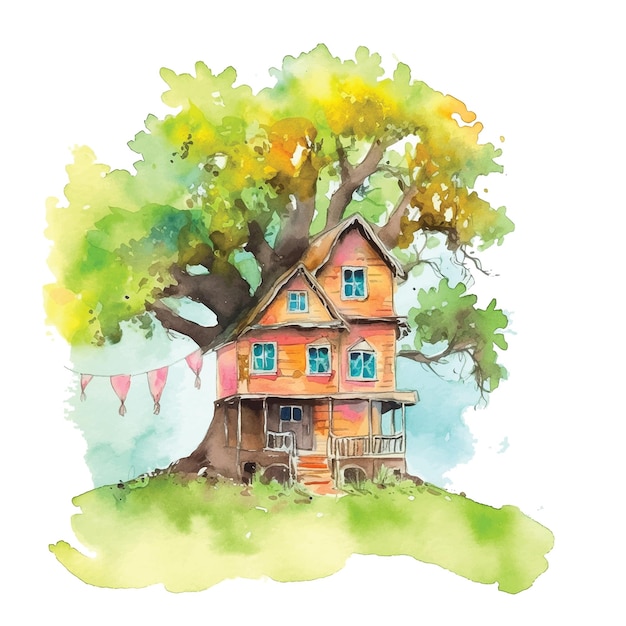 Huis boom aquarel verf ilustratie