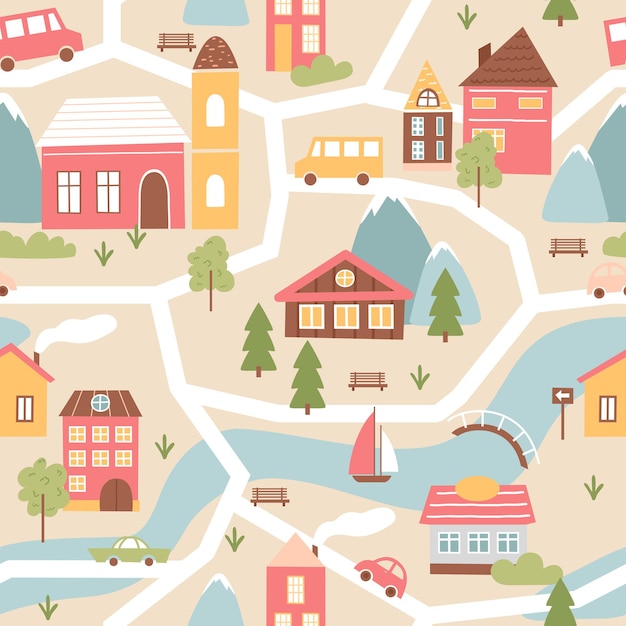 Vector huis dorp met rivier, naadloze patroon textuur in schattige kleuren illustratie.