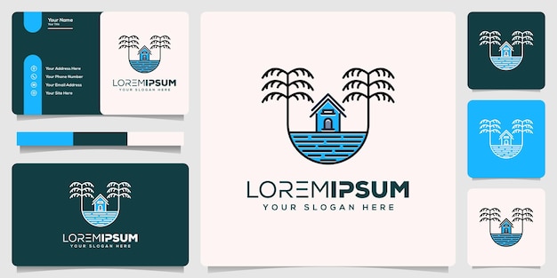 huis en palm logo lijntekeningen met sjabloon voor visitekaartjes