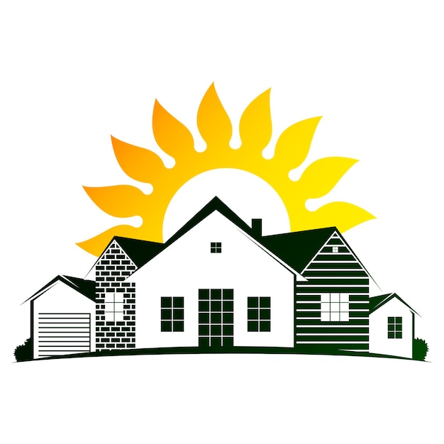 Huis en rijzende zon symbool voor woningbouw en makelaar