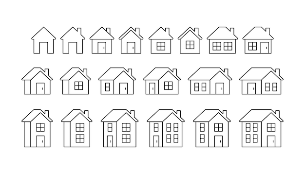 Huis huis enkele en dubbele verdieping gebouw lijn icon set Huis vooraanzicht onroerend goed residentieel huisje voor hypothecaire lening homepage Editable Stroke outline sign Vector