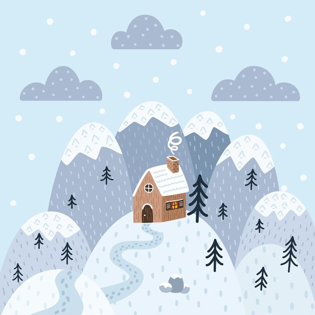 Huis in de bergen. Platte stijl. Winter Seizoensgebonden illustratie voor print, banner, achtergrond, wenskaarten en uitnodigingskaarten decoratie en ontwerp