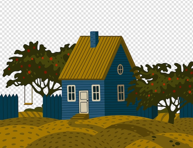 Huis in de voorsteden - datsja. landelijk landschap met blauw schuurhuis in rustieke stijl en groene fruittuin