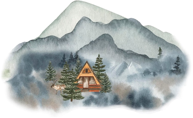 Vector huis in het bos aquarel illustratie