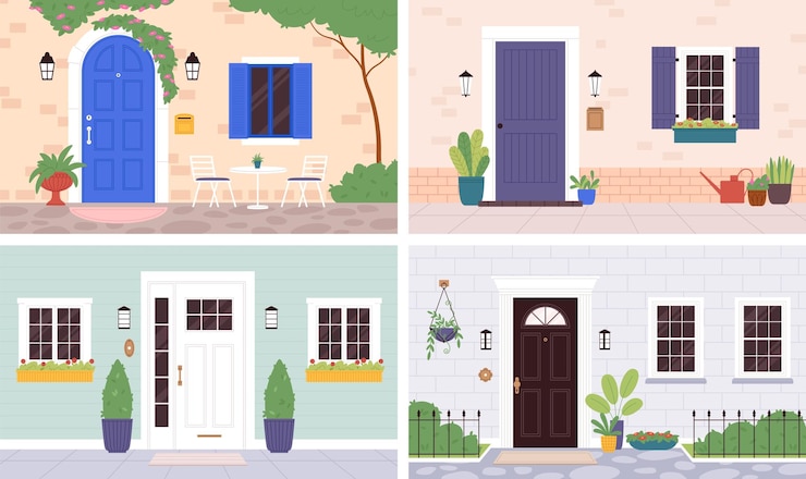 Vector huis ingang buiten houten deuren en planten buiten muur appartement residentiële elegante ingang flat huis voordeur en ramen racy vector scènes