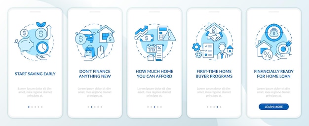 Huis kopen tips blauw onboarding mobiele app scherm