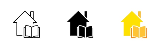 Huis met boek ingesteld pictogram Boek telefoon academische cap cursor laptop thuis student computer planeet Online onderwijs concept Vector pictogram in zwarte en kleurrijke lijnstijl