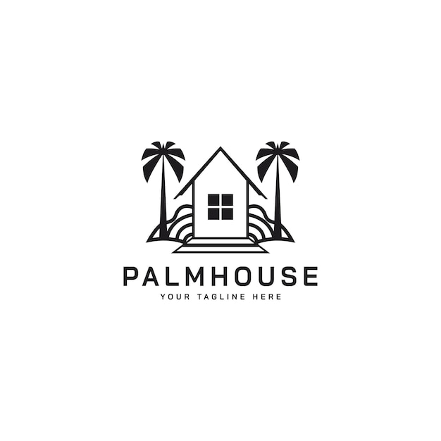 Huis omringd met palmboom vector logo ontwerp illustratie