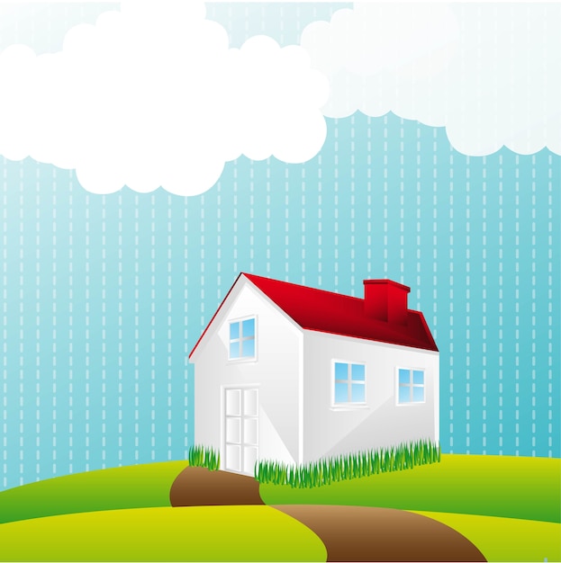 Huis over landschap met wolken vectorillustratie