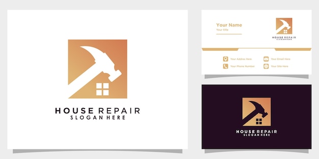 Huis reparatie logo ontwerp vector met hamer element pictogram en visitekaartje sjabloon