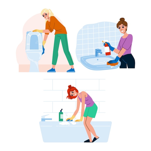 Huis schoonmaken badkamer vector schoner huishoudelijk huishouden vrouw persoon wassen huis schoonmaken badkamer karakter mensen platte cartoon afbeelding