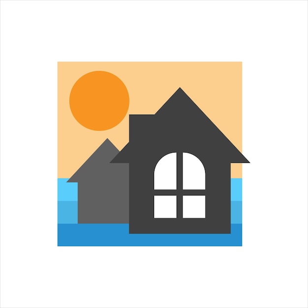 Huis strand en zonsondergang logo ontwerp