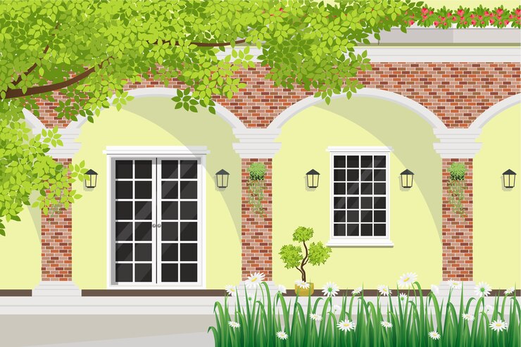 Vector huis terras uitzicht, huis buiten design met tuin