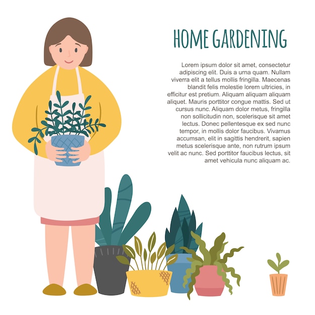 Huis tuinier karakter, lachende vrouw met bloempot, potplanten kamerplanten paraat. tekstsjabloon. illustratie clipart, leuke cartoon scandinavische stijl