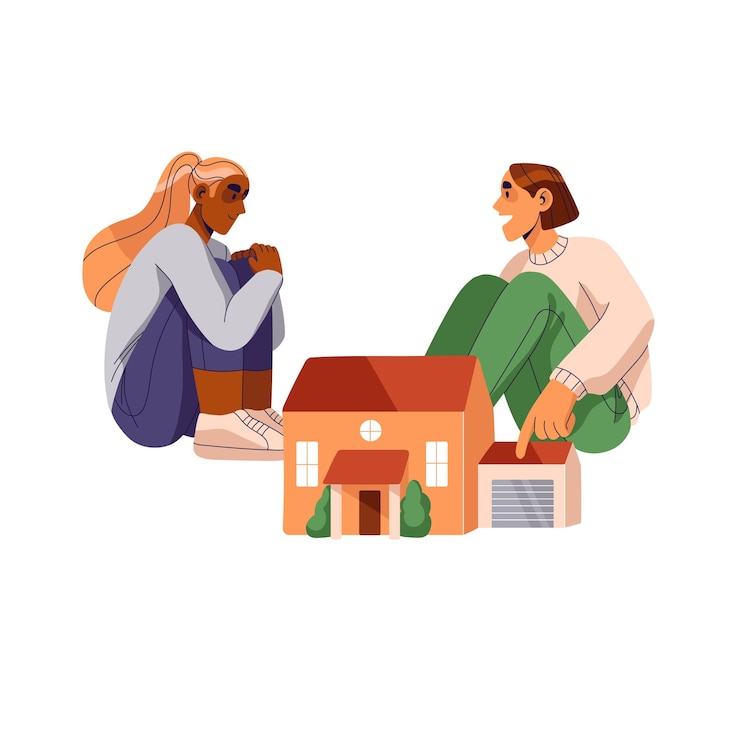 Vector huis verkoop onroerend goed eigendom concept agent makelaar vertellen koper over gebouw verkopen vrouw kopen huis onroerend goed aankoop platte grafische vectorillustratie geïsoleerd op witte achtergrond