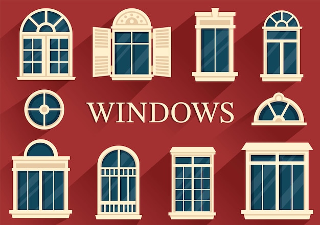 Huisarchitectuur met set deuren en ramen in verschillende vormen en maten in handgetekende illustratie