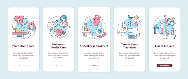 Huisartsondersteuning onboarding mobiele app-paginascherm met concepten