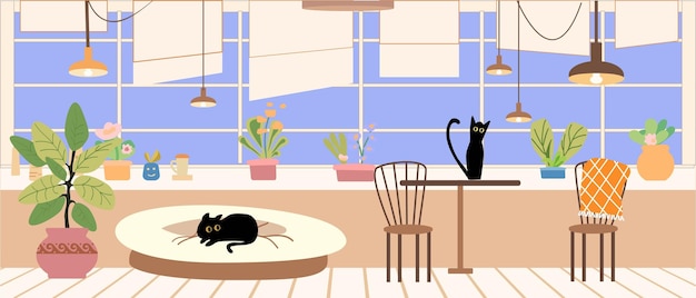 Huisdier katten en honden in huis appartement Gelukkige huisdieren platte vectorillustratie Interieur Vriendschap liefde voor huisdier concept voor banner websiteontwerp of landing webpagina