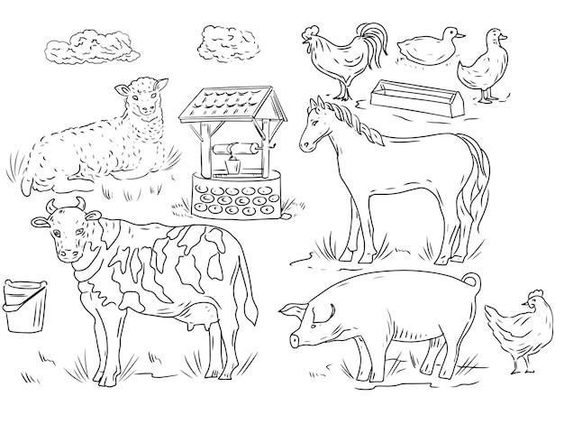 Huisdieren boerderij grafische illustratie hand getrokken doodle schets geïsoleerd op witte achtergrond con