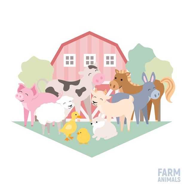 Vector huisdieren op een boerderij koe varken lams ezel