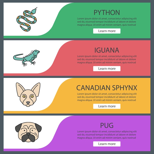 Huisdieren webbanner sjablonen instellen. Python, leguaan, Canadese Sphynx, mopshond. Menu-items in kleur van de website. Ontwerpconcepten voor vectorkoppen