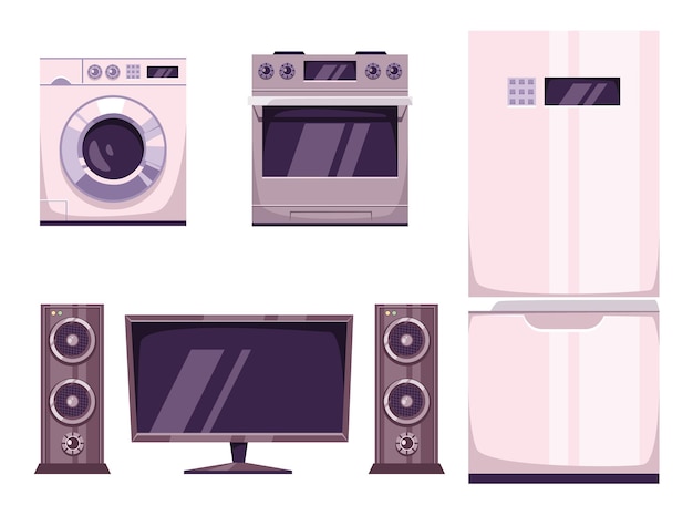 Huishoudelijke apparaten TV koelkast oven wasmachine geïsoleerde elementen set collectie