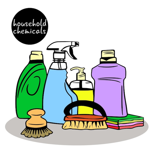 Huishoudelijke chemicaliën. set schoonmaak iconen in de vorm van doodles. Schoonmaakdiensten. Sproei, spons