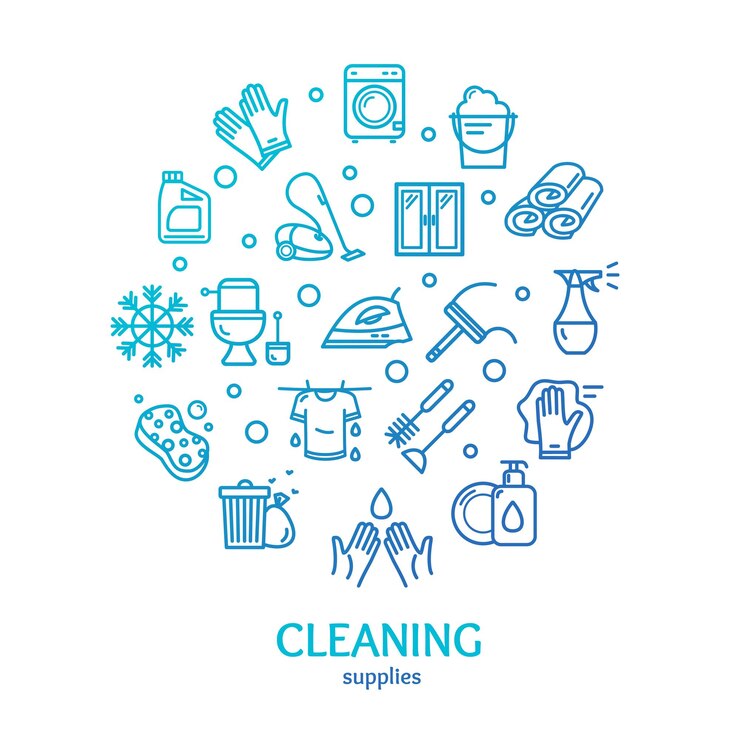 Vector huishoudelijke en schoonmaak hulpmiddelen kleur ronde ontwerp sjabloon lijn pictogram concept vector