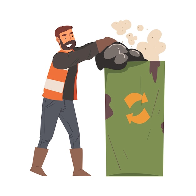 Vector huishoudster gooit vuilniszakken in een recyclingcontainer mannelijke professionele schoonmaakpersoneel karakter met oranje vest reinigingsbedrijf service vector illustratie