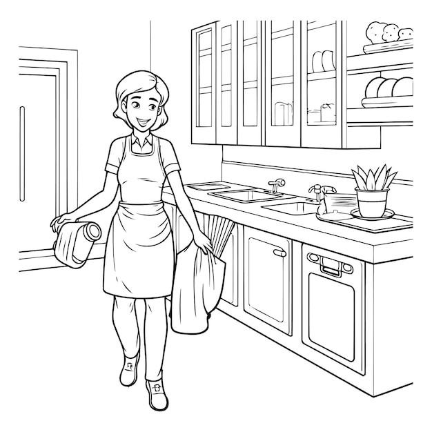 Huishoudvrouw met boodschappenzakken in de keuken Zwart-wit vectorillustratie