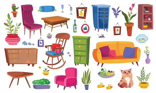 Huismeubilair grote clipart set Huishoudelijke artikelen fauteuil kledingkast en planten zijn grappig